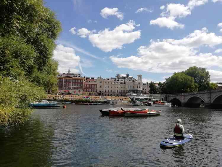 View of the Richmond Riverside from behind one of the islands