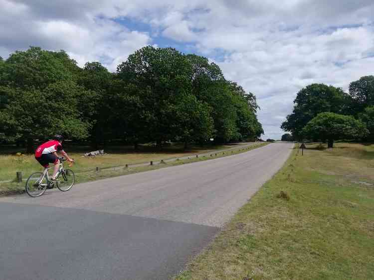 A cyclist riding towards the downhill section