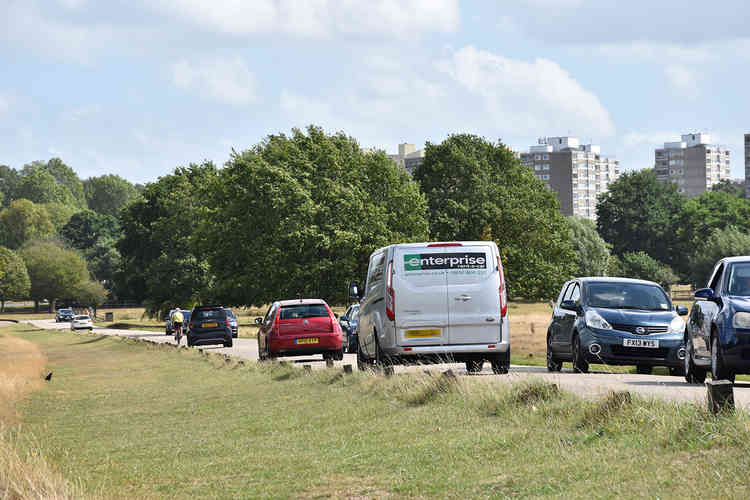 Rental van driving through the park