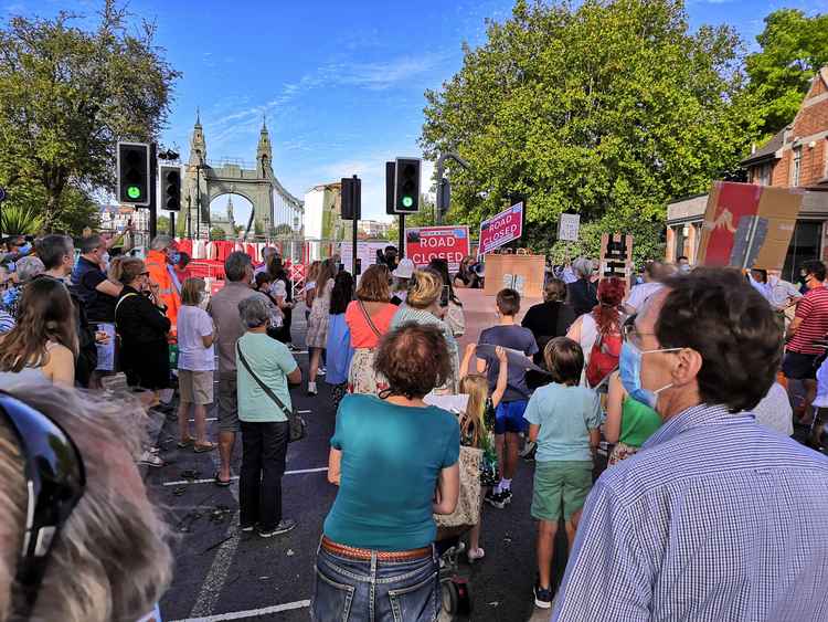 Hundreds of people protested about the Hammersmith Bridge situation in August. Photo by Stephen Howie