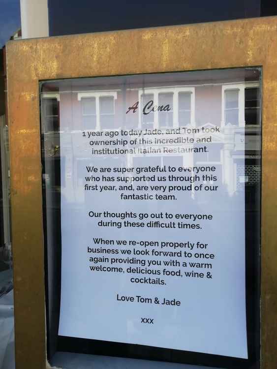 The lovely message that Tom and Jade posted after restaurants were forced to close for lockdown