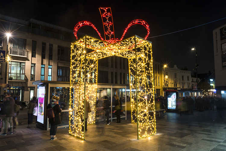 Last year's illuminated present outside the railway station