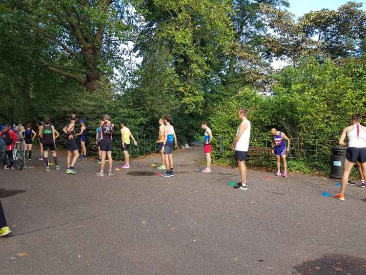 Runners of the RunThrough event in Battersea Park are kept socially distanced as they approach the start line