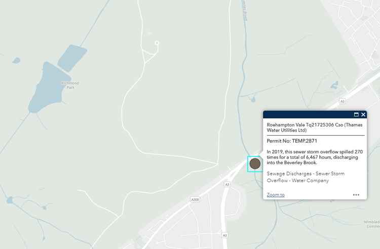 Rivers Trust map shows the number of discharges of Roehampton Vale sewer into Beverley Brook