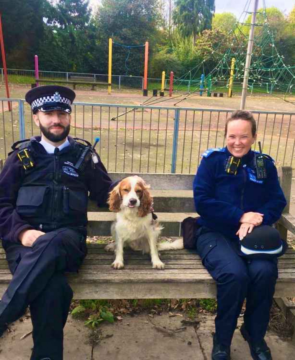 PC Wharmsby, PCSO Childs and their doggy pal with a policing update from Kew