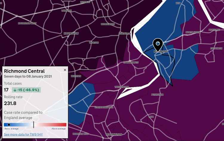 Heat map showing how covid cases have nearly halved in the centre of Richmond