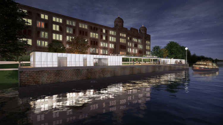 Architect's illustration of Harrods Wharf from the river looking south. Credit: Lifschutz Davidson Sandilands