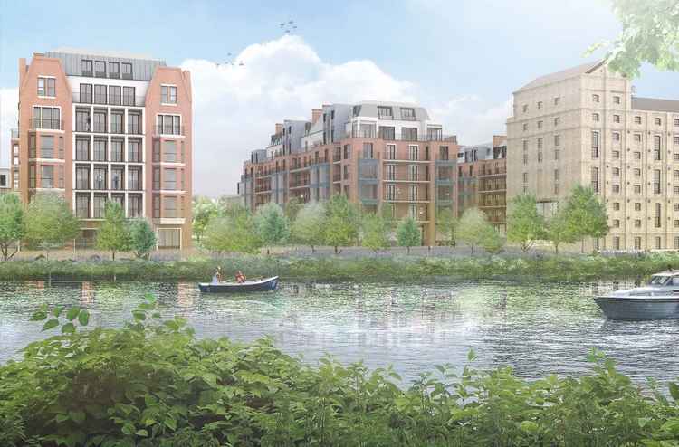 Mortlake site from across the river. Credit - The Stag Brewery Redevelopment Exhibition, Squire & Partners
