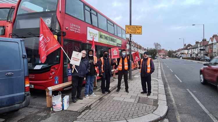 Bus drivers on a picket line at Harrow Garage on February 22