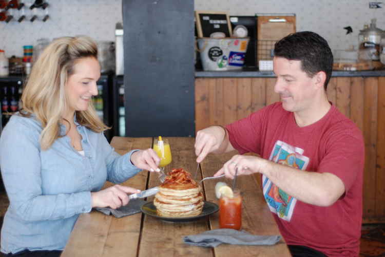 Val & Alex dig into a Pickle & Rye special - the pancake stack!