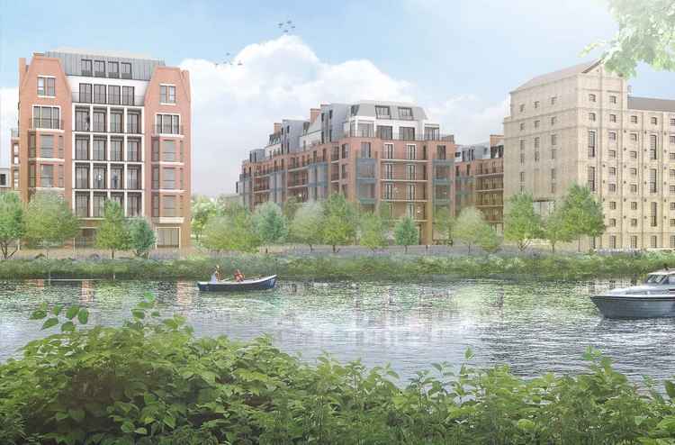 Mortlake site from across the river. (Image: The Stag Brewery Redevelopment Exhbition, Squire & Partners)