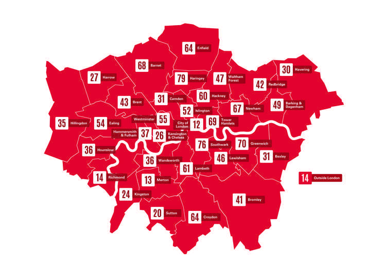 A map of air ambulance missions in London by borough for the year 2020 (Image: London Air Ambulance)