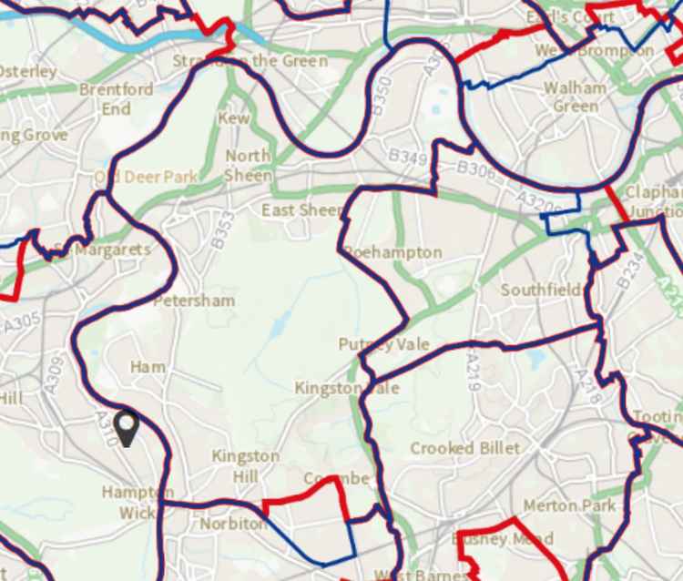 nother map shows the proposals (red) against the current boundaries (purple/blue) / Credit: Boundary Commission for England