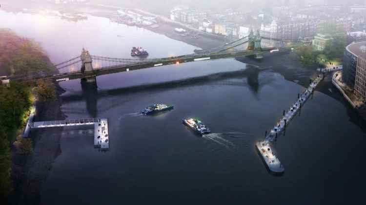 An artist's impression of the ferry service boats and terminals (Credit: TfL and Beckett Rankine)