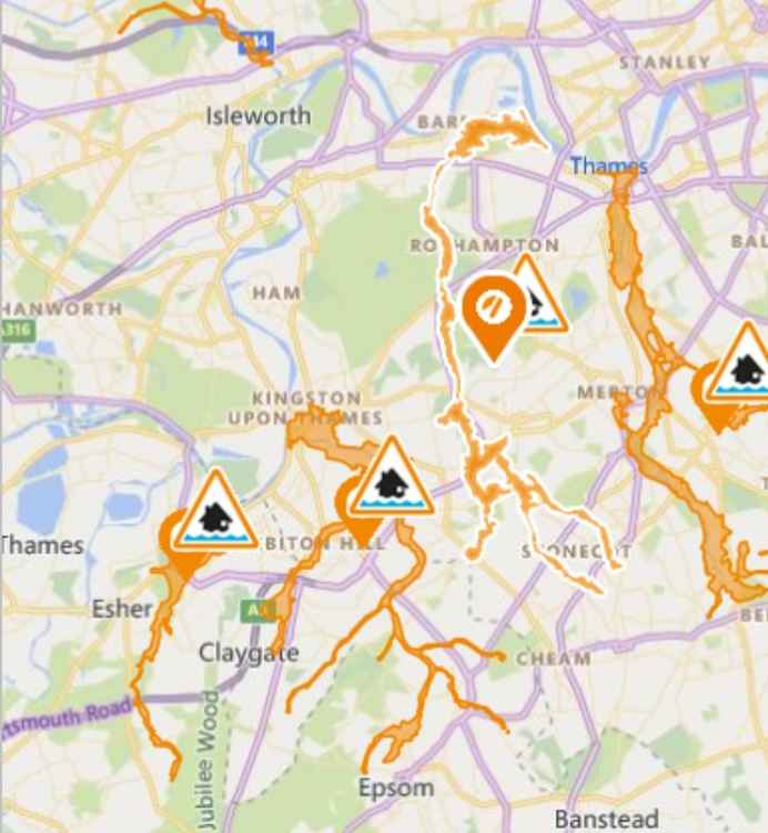 Flood warnings for the wider SW London area (Image: Environment Agency via Gov.uk)