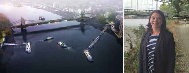 An artist's impression of the ferry service boats and terminals (right) and Sarah Olney MP (left) (Artwork: TfL and Beckett Rankine)