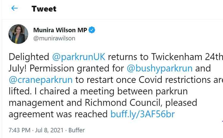 Twickenham MP Munira Wilson chaired meeting to bring back parkruns