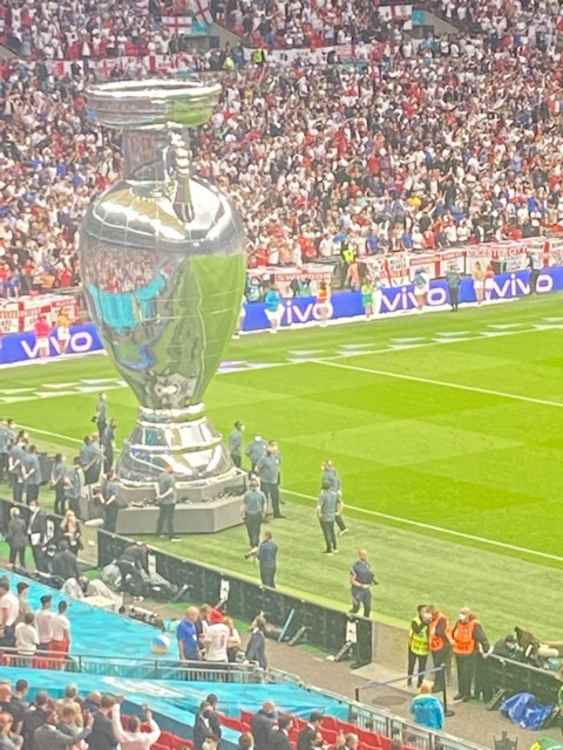 A giant trophy on the pitch before kick off (Image: Stuart Higgins)