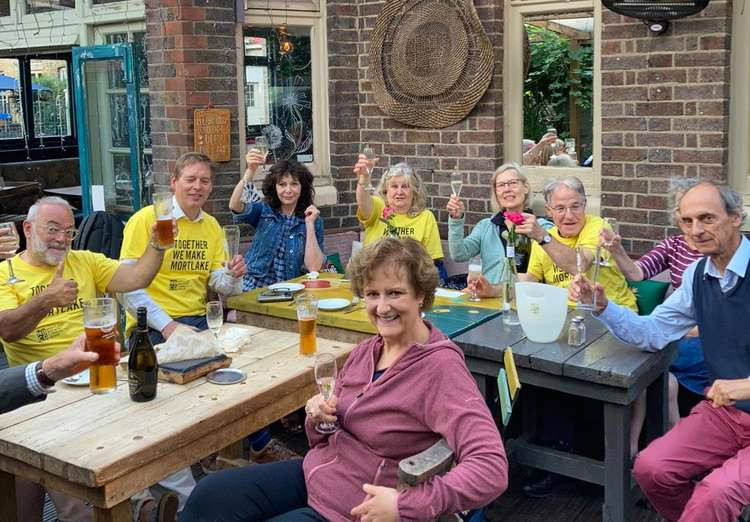 The Mortlake Brewery Community Group celebrate in The Tapestry yesterday (Image: Mortlake Brewery Community Group)