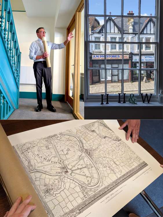 The rediscovered Victorian staircase, a sash window, and an old map of Hampton Wick (Images: Ellie Brown)