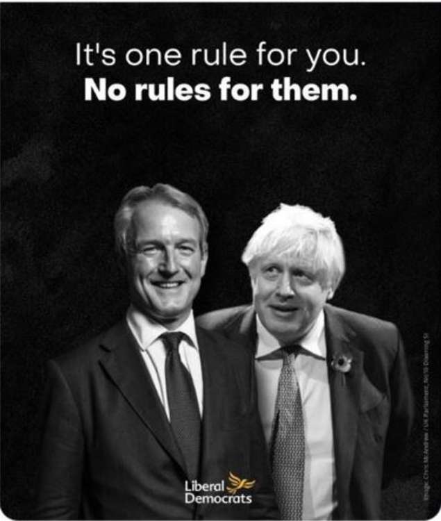 Nationally, the Lib-Dems launched a series of attack-ads featuring the MP and Boris Johnson under the headline: "It's one rule for you. No Rules for Them."