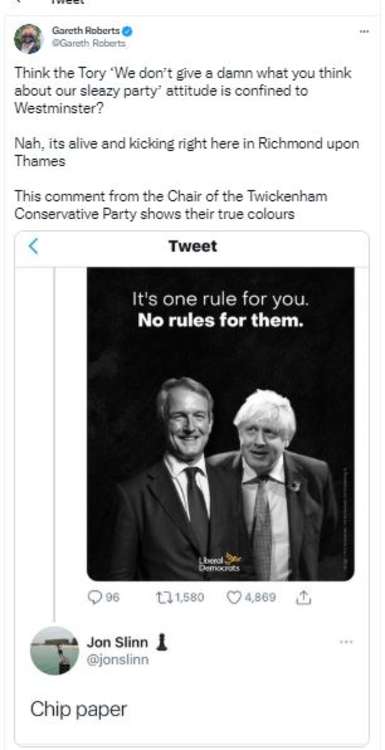 The reply from the chairman of the Twickenham Conservatives Jon Slinn.