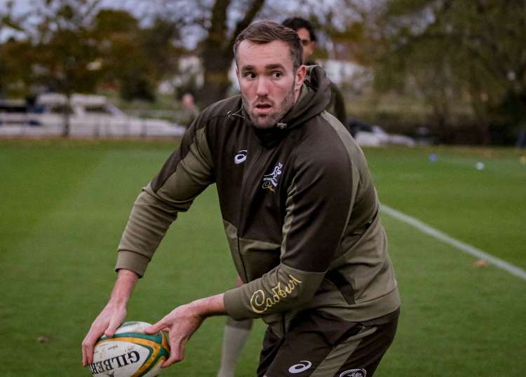 Izack Rodda, the team's lock, looks to pass the ball  (Image: Andrew Phan/Wallabies Media)