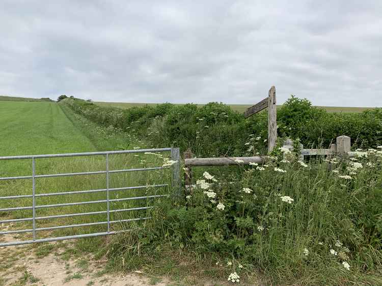 Walk along the road until you reach a footpath to the left signposted Maiden Castle