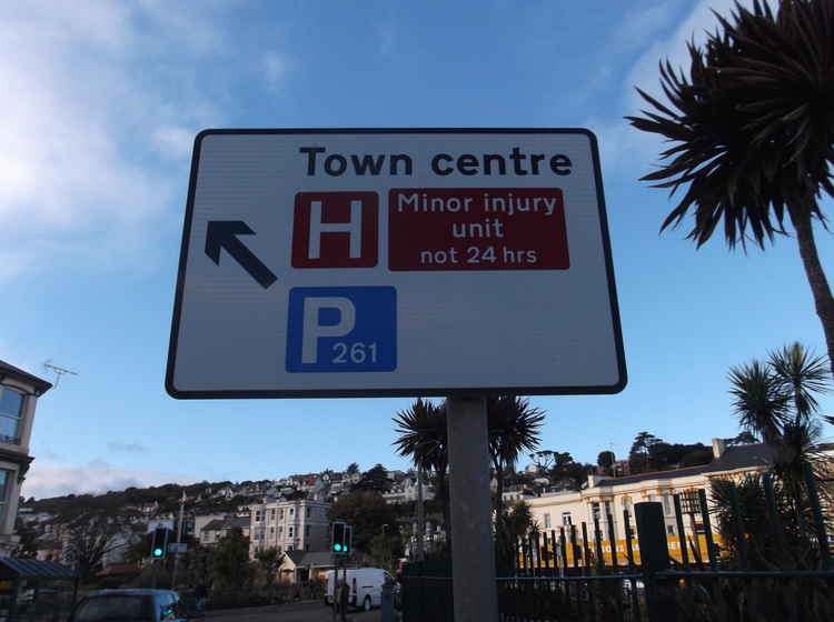 Signpost to the MIU at Dawlish Hospital - but it has been closed since March