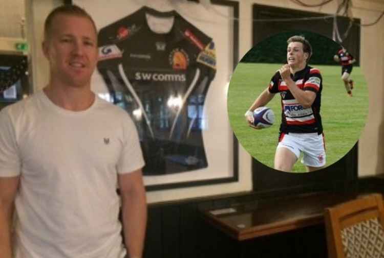 Dan Force with signed Exeter Chiefs shirt in the Brunswick Arms, and, inset, Joe Simmonds in action with Teignmouth RFC. Joe Simmonds picture: Lorna Gray