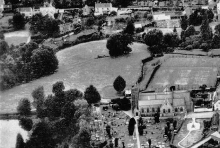 Old aerial photo. The Gig House is top left, and part of the Victorian wing can be seen next to it; the rest is obscured by trees. Picture supplied by Mike Trigger