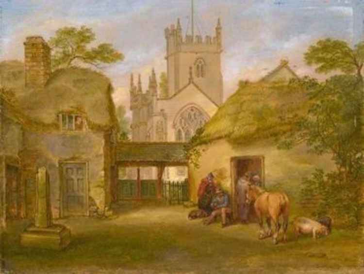 A Victorian watercolour of the church and its surroundings