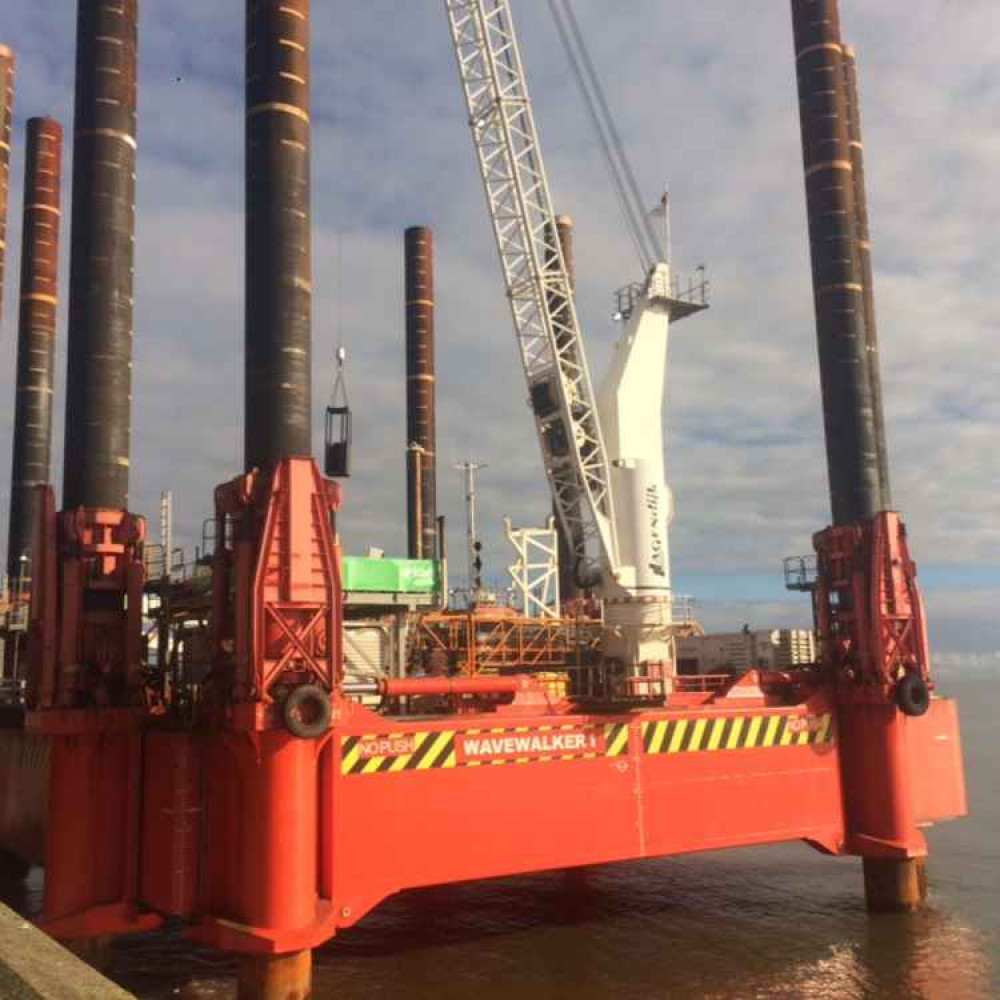 The imposing WaveWalker machine, building Dawlish's new sea defences