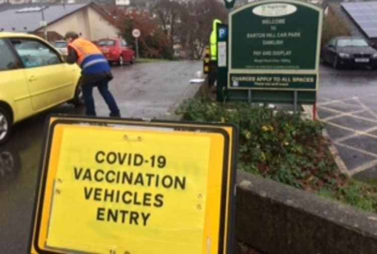The entrance to the Covid-19 vaccination clinic at Dawlish Hospital and the Barton Surgery