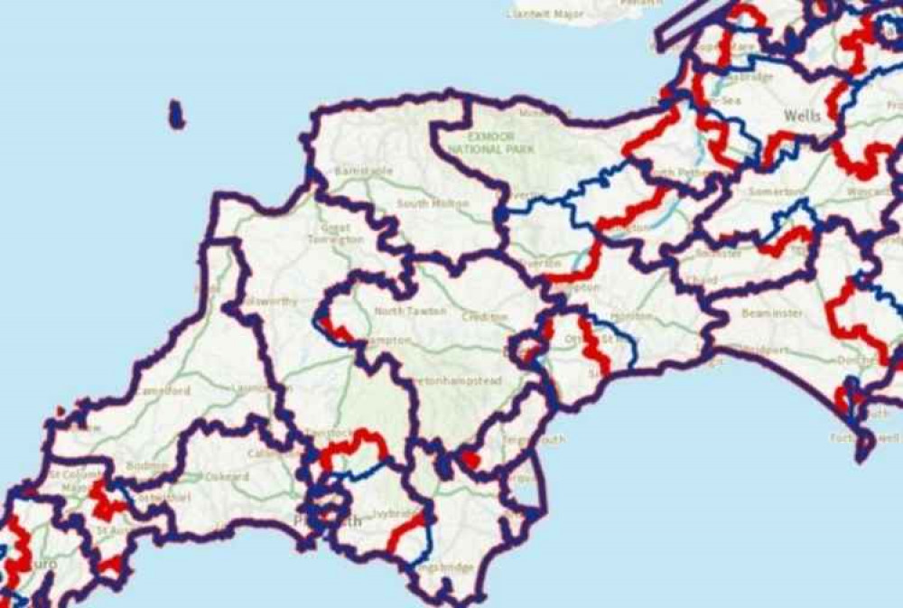Changes to the electoral boundaries proposed for the Devon area – existing boundaries in blue and proposed changes in red
