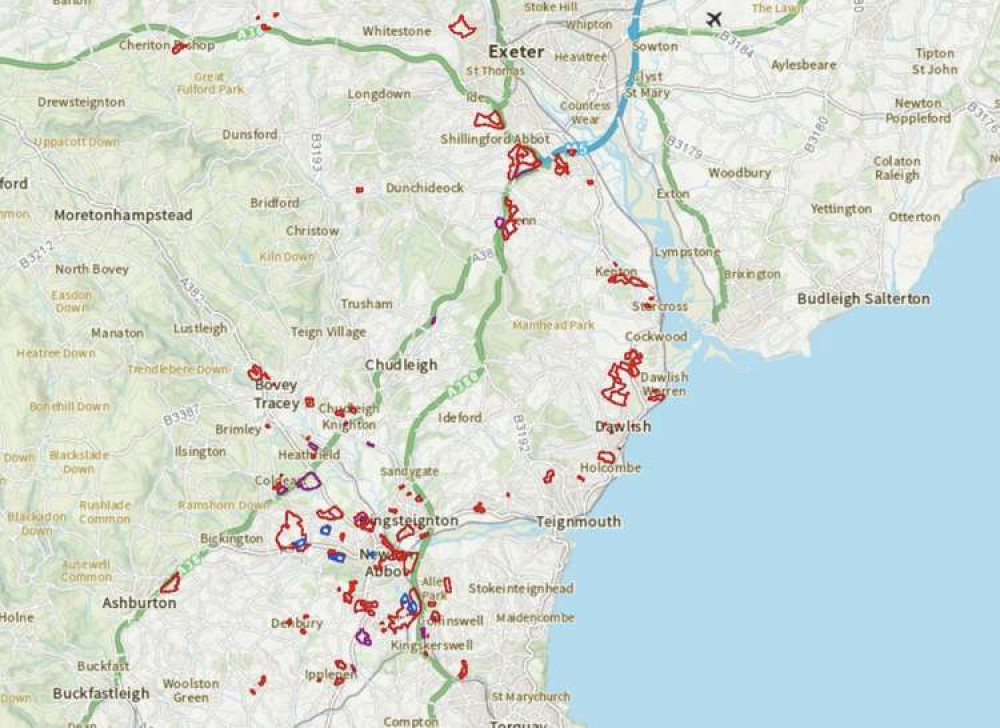 A map of potential sites listed in the Teignbridge Draft Local Plan. Credit: Teignbridge District Council