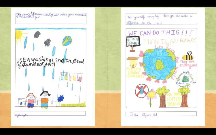 A still from the above video featuring two posters with planet-saving tips from local primary school children. Credit: Dawlish Town Council Climate Declaration Working Group