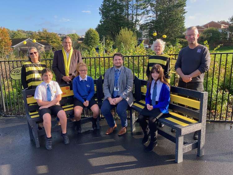 Roots Directors Kerry and Gill (dressed as bees), DCC Cllr Martin Wrigley (Lib Dem, Dawlish), Westcliff Primary Academy Head of School Lewis Webb, Mark from Devon Contract Waste, students