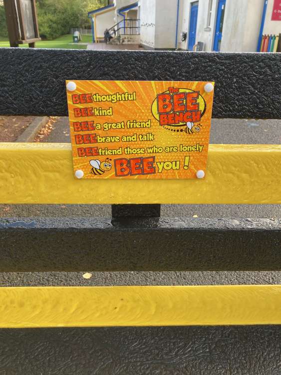 The benches include signs encouraging children to 'bee brave enough to talk, bee-friend others and bee a good friend'