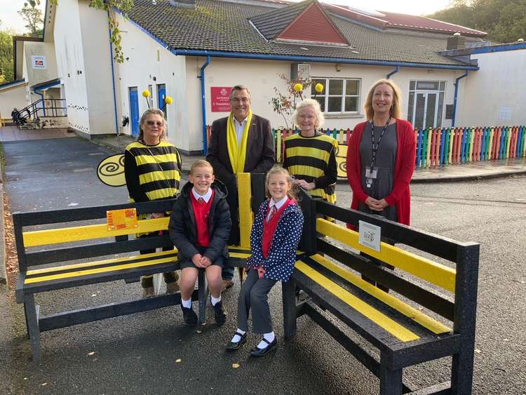 Roots Directors Gill and Kerry, DCC Cllr Martin Wrigley (Lib Dem, Dawlish), Gateway Primary Academy Head of School Leila Naldrett, students