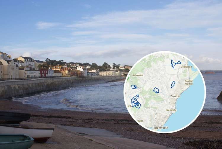 Dawlish sea wall (Nub News, Will Goddard). Inset: Site options for wind turbines near Dawlish (Teignbridge District Council, Ordnance Survey)