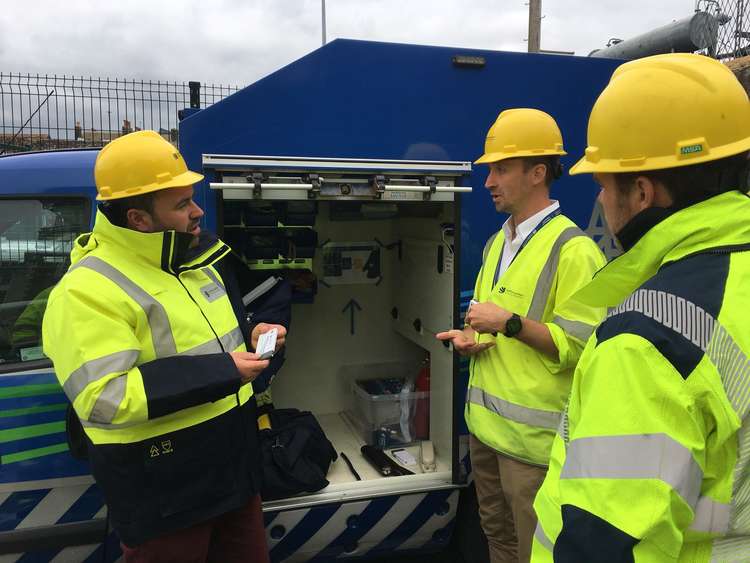 West Dorset MP Chris Loder with SSEN staff in Dorchester