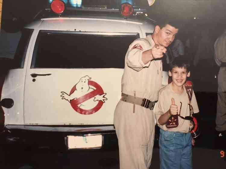 Matt Sims as a child meeting a "Ghostbuster" at Universal Studios in Florida in 1995