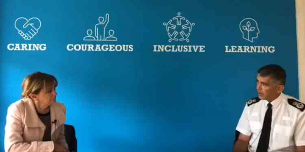 Avon and Somerset police and crime commissioner Sue Mountstevens talking to chief constable Andy Marsh. Facebook Live. Permission for use by all partners.