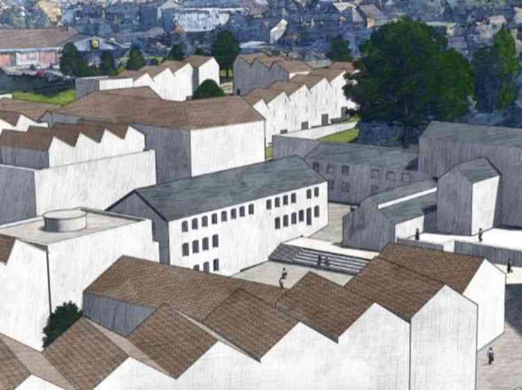 Architect's impressions from the planning application (2019/1180/OTS) show housing blocks dwarfing the Silk Mill and Western Warehouse, which can be seen in the foreground of the image above left and the centre right of the image above right. (Nash Part