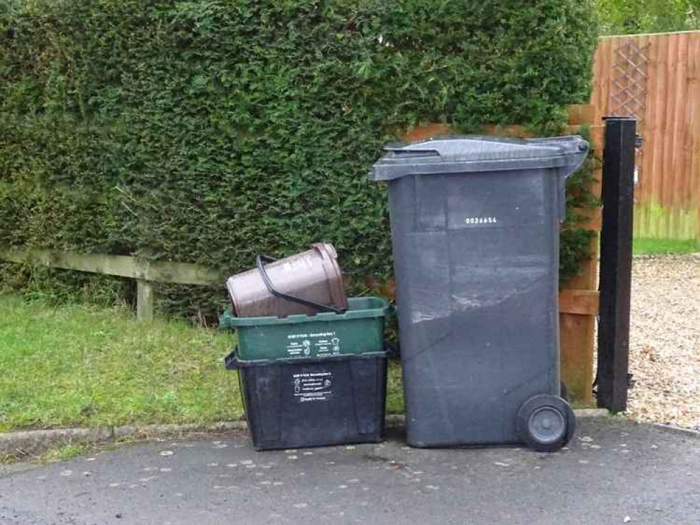 Bins And Stacked Recycling Boxes. CREDIT: Somerset Waste Partnership. Free for use for all BBC wire partners