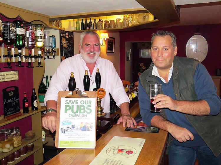 David Warburton MP with Sean O'Callaghan, owner and landlord of the Montague Inn in Shepton Montague.