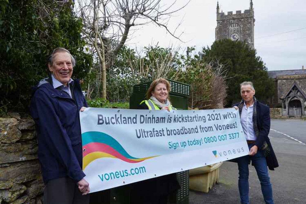 Dr John Reckless, chair of Buckland Dinham Parish Council; Liz Southard, Voneus Regional Delivery Manager – South West; and David Warburton MP for Somerton and Frome.