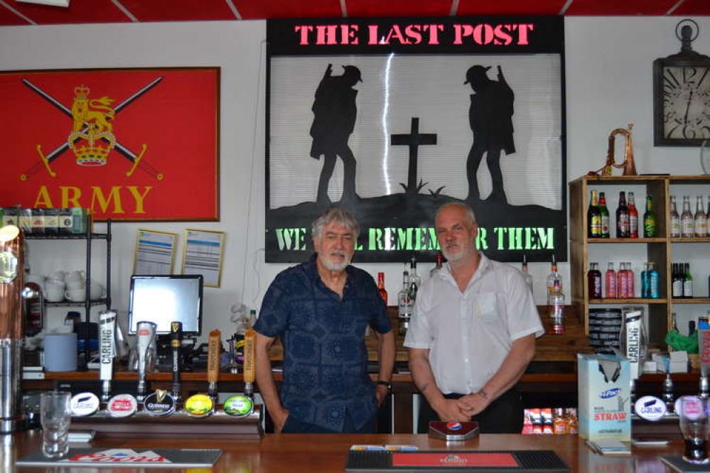 Dorchester cafe The Last Post is offering veterans a free roast dinner after the Remembrance Sunday parade, pictured is Glenn Chadwick, right, with Roger Mac who helps at the business