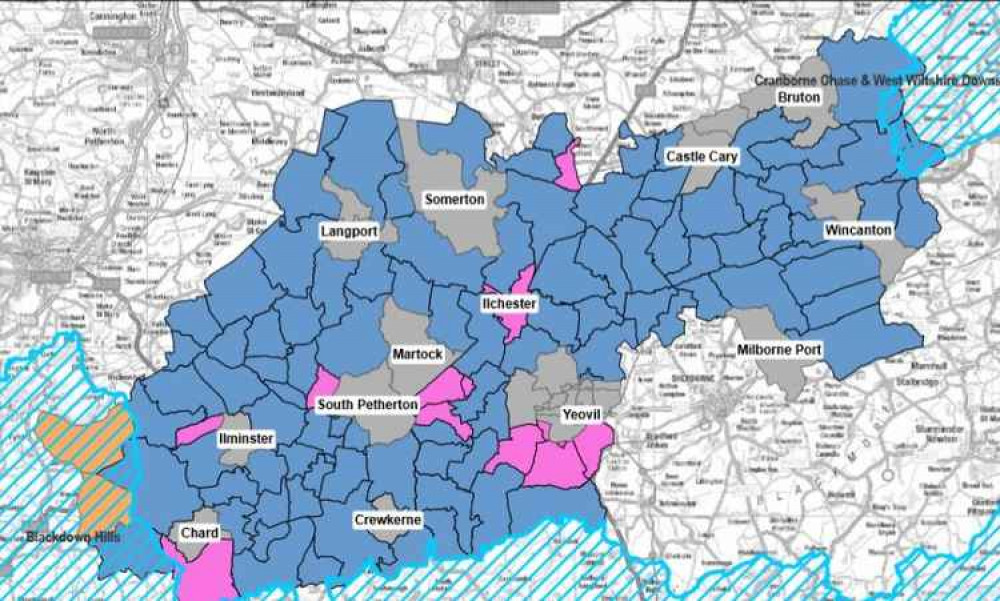 Map Showing Rural Parishes In South Somerset (Orange), Those Which Could Be Designated As Rural (Blue And Purple) And Urban Areas (Grey). CREDIT: Ordnance